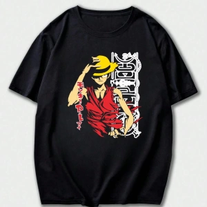 ONE PIECE Karikatür Baskılı Kısa Kollu Tişört, Rahat Yaz Erkek