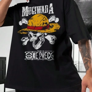 ONE PIECE ONE PIECE Collab Hasır Şapka Korsanlar Karikatür Baskılı Kısa Kollu Tişört, Erkekle