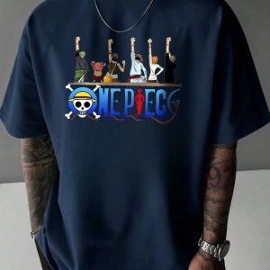 ONE PIECE One Piece İşbirliği Hasır Şapka Korsanlar Karikatür Baskılı Kısa Kollu Tişört Erkek