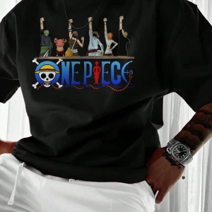 ONE PIECE One Piece İşbirliği Hasır Şapka Korsanlar Karikatür Baskılı Kısa Kollu Tişört Erkek