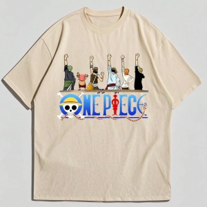 ONE PIECE One Piece İşbirliği Hasır Şapka Korsanlar Karikatür Baskılı Kısa Kollu Tişört Erkek