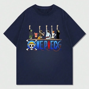ONE PIECE One Piece İşbirliği Hasır Şapka Korsanlar Karikatür Baskılı Kısa Kollu Tişört Erkek