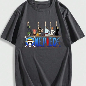 ONE PIECE One Piece İşbirliği Hasır Şapka Korsanlar Karikatür Baskılı Kısa Kollu Tişört Erkek