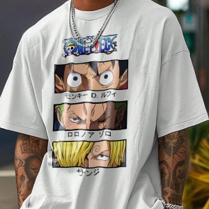 ONE PIECE ONE PIECE Karikatür Baskılı Kısa Kollu Tişört Erkekler İçin, Yazlık Günlük