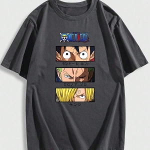ONE PIECE ONE PIECE Karikatür Baskılı Kısa Kollu Tişört Erkekler İçin, Yazlık Günlük