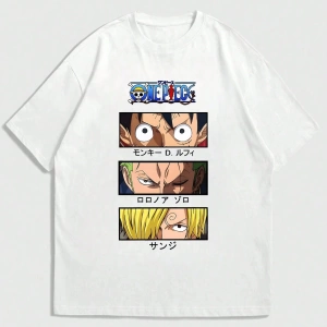 ONE PIECE ONE PIECE Karikatür Baskılı Kısa Kollu Tişört Erkekler İçin, Yazlık Günlük