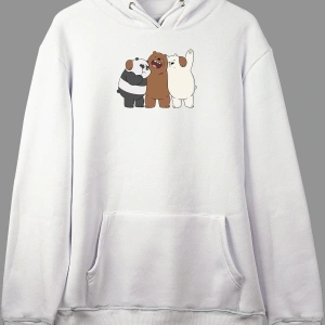 Oversize 3 Kafadar Ayı We Bare Bears Tasarım Baskılı Kapüşonlu Sweatshirt Hoodie Beyaz
