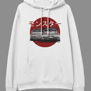 Oversize Araba Nissan Tasarım Baskılı Kapüşonlu Sweatshirt Hoodie Beyaz