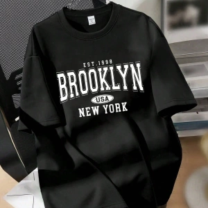 Oversize Brooklyn Grafik Baskılı Yuvarlak Yaka Kısa Kollu Tişört, Rahat Bol Kesi