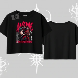 Oversize Crop Tshirt Anime Girlfriend Kırmızı