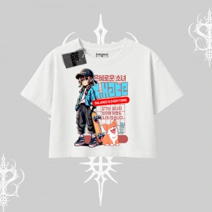 Oversize Crop Tshirt Anime Hiker Girl Balance Is Everything Baskılı