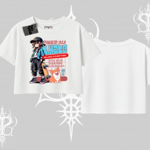 Oversize Crop Tshirt Anime Hiker Girl Balance Is Everything Baskılı