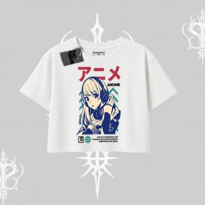 Oversize Crop Tshirt Anime Kız Desenli Japon Tarzı
