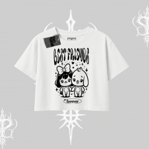 Oversize Crop Tshirt Best Friends Forever Baskılı Sevimli Tasarım