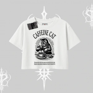 Oversize Crop Tshirt Caffeine Cat Kahve Temalı Kedi Baskılı