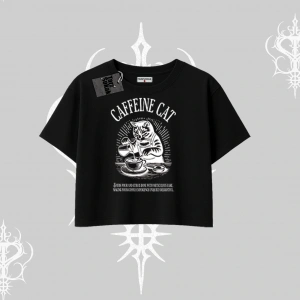 Oversize Crop Tshirt Caffeine Cat Kahve Temalı Kedi Baskılı