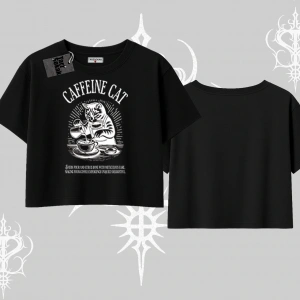 Oversize Crop Tshirt Caffeine Cat Kahve Temalı Kedi Baskılı
