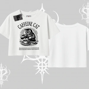 Oversize Crop Tshirt Caffeine Cat Kahve Temalı Kedi Baskılı