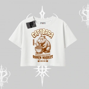 Oversize Crop Tshirt Cute Capybara Enjoying Ramen Noodles Artwork