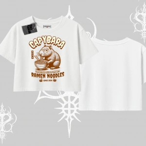 Oversize Crop Tshirt Cute Capybara Enjoying Ramen Noodles Artwork