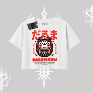 Oversize Crop Tshirt Daruma Kedi Anime Baskılı