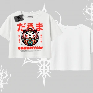 Oversize Crop Tshirt Daruma Kedi Anime Baskılı