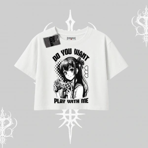 Oversize Crop Tshirt Do You Want Play With Me Anime Kız Baskılı