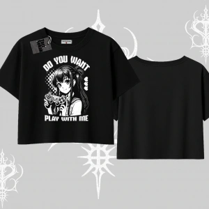 Oversize Crop Tshirt Do You Want Play With Me Anime Kız Baskılı