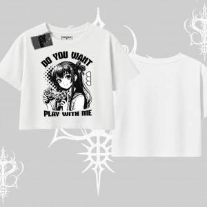 Oversize Crop Tshirt Do You Want Play With Me Anime Kız Baskılı
