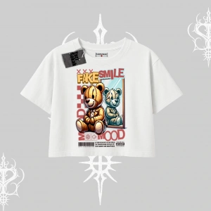 Oversize Crop Tshirt Fake Smile Mood Ayıcık Grafik Baskılı