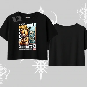 Oversize Crop Tshirt Fake Smile Mood Ayıcık Grafik Baskılı