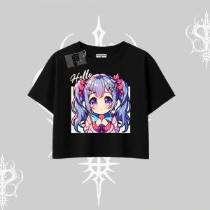 Oversize Crop Tshirt Hello Anime Kız Sevimli Karakter Baskılı