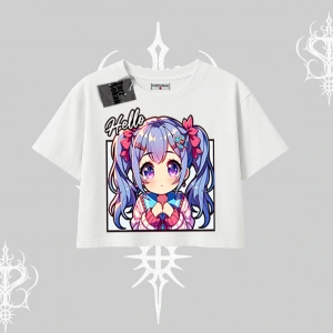 Oversize Crop Tshirt Hello Anime Kız Sevimli Karakter Baskılı