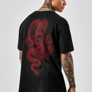 Oversize Dragon Baskılı Siyah Büyük Beden Tshirt OVRSZTSHRT12