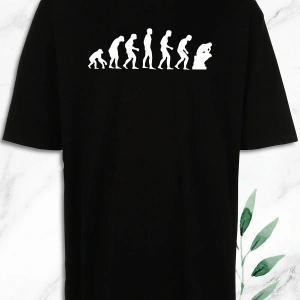 Oversize Evolution Evrim Baskılı Siyah Tişört