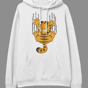 Oversize Garfield Tasarım Baskılı Kapüşonlu Sweatshirt Hoodie Beyaz