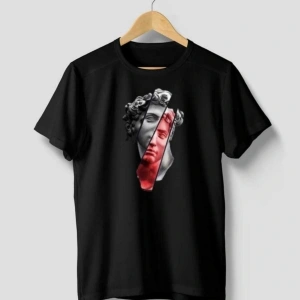 Oversize Heykel Baskı Pamuklu Siyah-beyaz-indigo Renk Unisex T-shirt