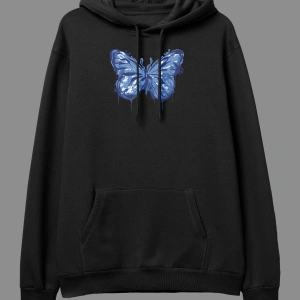Oversize Mavi Boya Kelebek Temalı Tasarım Baskılı Unisex Kapüşonlu Sweatshirt Hoodie Beyaz
