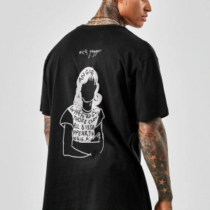 Oversize Mick Jagger Baskılı Siyah Tshirt NRAGE204