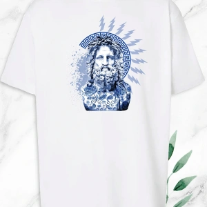 Oversize Mitoloji Zeus Heykel Baskılı Beyaz T-Shirt
