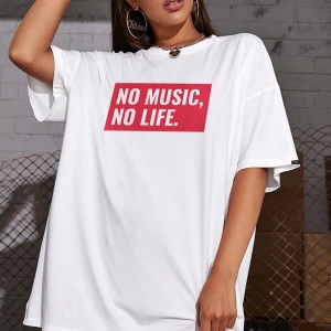 Oversize No Music No Life Baskılı Beyaz Tshirt NRAGE114