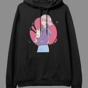Oversize Pembe Saçlı Kız Ve Tavşan Tasarım Baskılı Unisex Kapüşonlu Sweatshirt Hoodie Beyaz