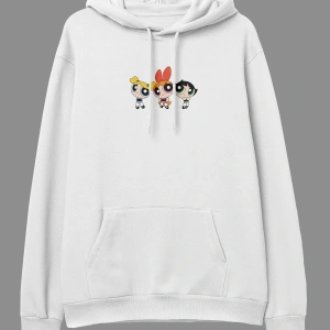 Oversize Powerpuff Girls Tasarım Baskılı Kapüşonlu Sweatshirt Hoodie Beyaz
