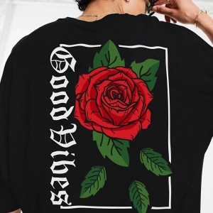 Oversize Rose Unisex Siyah T-shirt