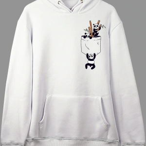 Oversize Sevimli Panda Cep Tasarımlı Baskılı Kapüşonlu Sweatshirt Hoodie Beyaz
