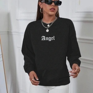 Oversıze Sıyah Angel Ön Ve Arka Baskılı 0 Yaka Kapşonsuz Pamuklu Sweatshirt Siyah