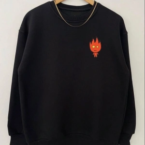 Oversıze Sıyah Ateş Su Baskılı 0 Yaka Kapşonsuz Pamuklu Sweatshirt Siyah