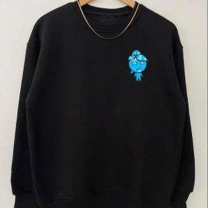 Oversıze Sıyah Ateş Su Baskılı 0 Yaka Kapşonsuz Pamuklu Sweatshirt Siyah