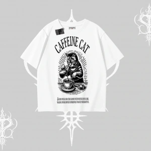 Oversize Tshirt Caffeine Cat Kahve Temalı Kedi Baskılı