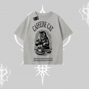 Oversize Tshirt Caffeine Cat Kahve Temalı Kedi Baskılı
